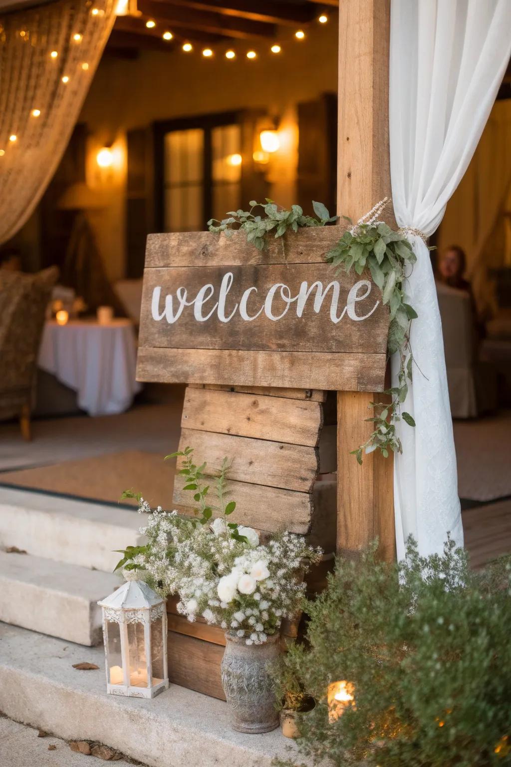 Create a warm greeting with a rustic wooden welcome sign on your porch.