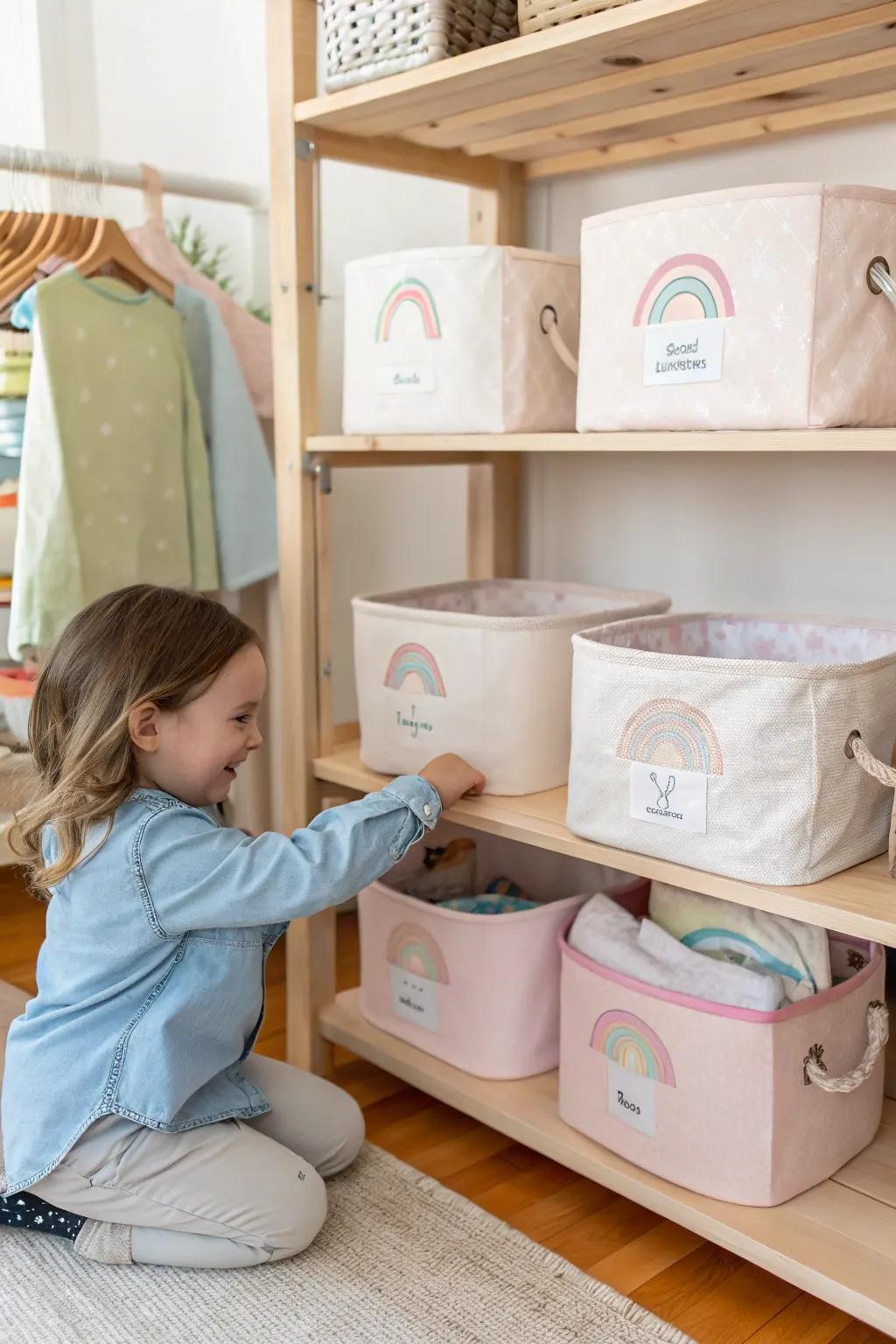 Say goodbye to clutter with labeled bins that make clean-up time fun and educational. ✨ #OrganizedLiving #KidsRoomDecor