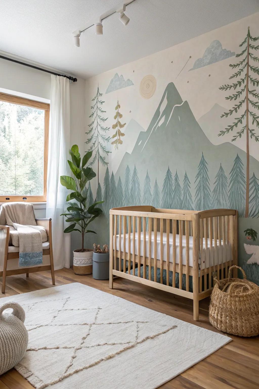 Bring the beauty of the mountains indoors with a serene mural that inspires adventure and tranquility.