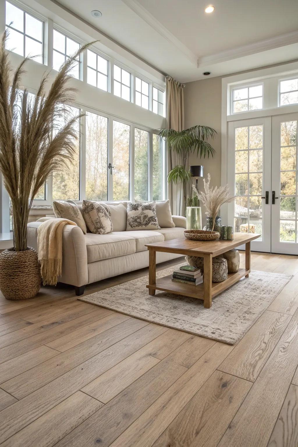 Light wood laminates bring an airy elegance to any living room.