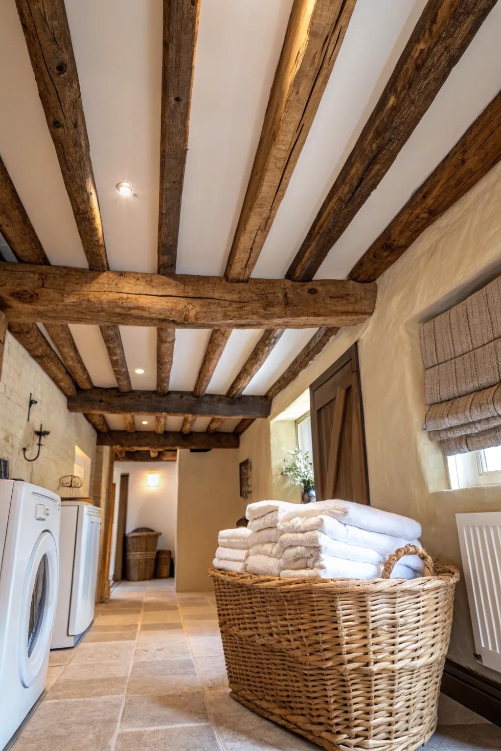 Bring rustic charm to your laundry room with exposed wood beams that add warmth and character.