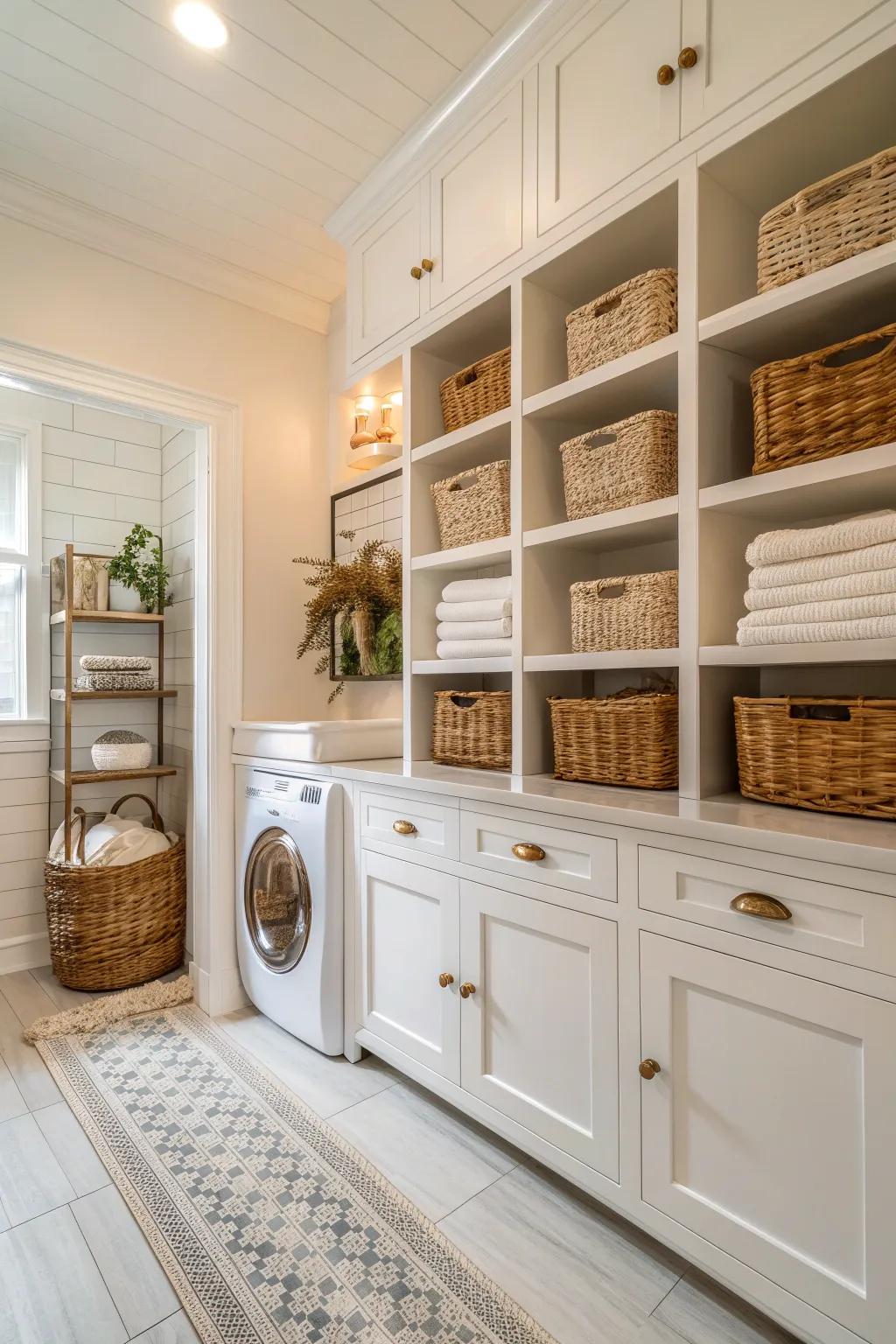 Elevate your laundry room with crisp white hues that create a serene and airy atmosphere.