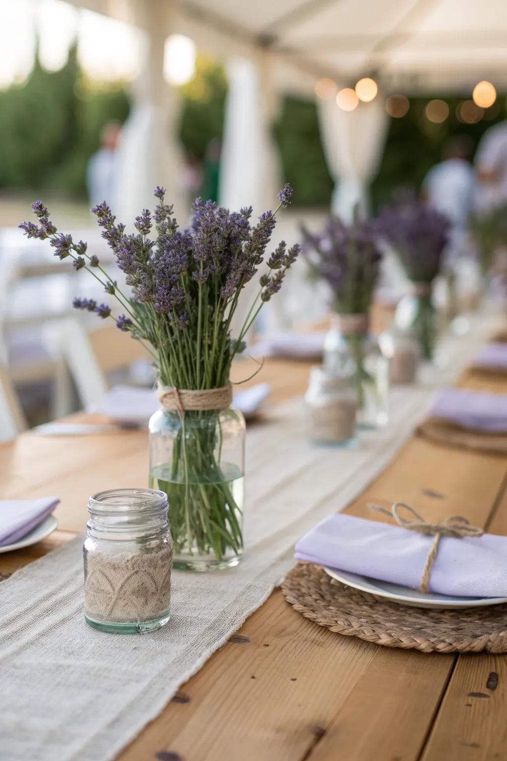Classic lavender jars bring rustic charm and freshness to your wedding tables.