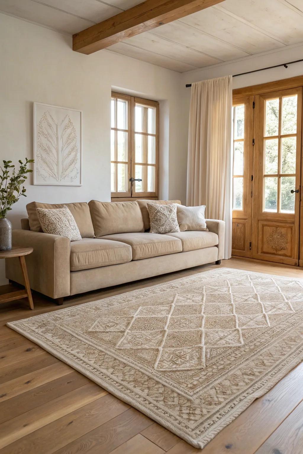 Discover the calming effect of neutral tones paired with light brown flooring. A perfect blend for a soothing retreat.