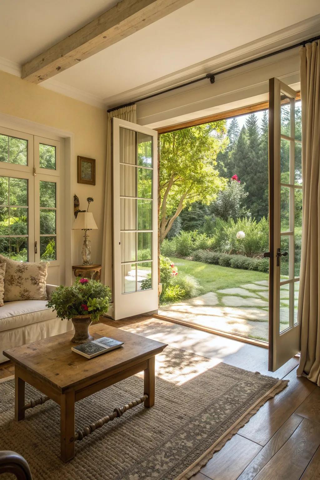 Bring nature inside with expansive glass doors that create a seamless indoor-outdoor flow. #NaturalLight #GardenView #LivingRoomInspo