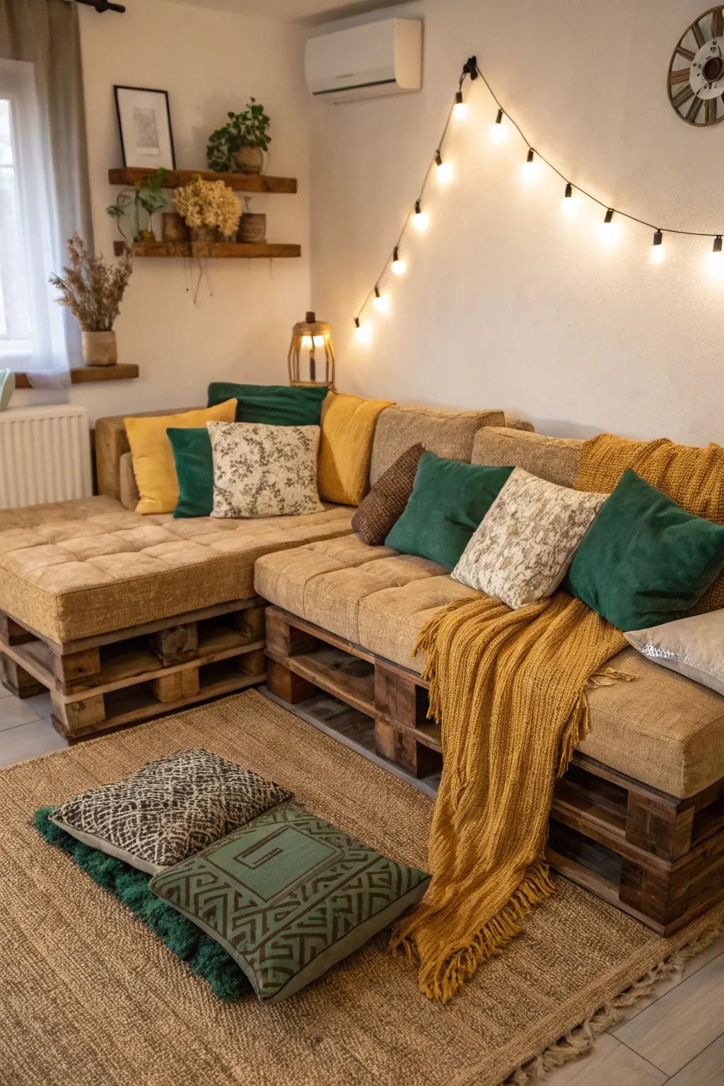 Maximize your seating space with a timeless L-shaped pallet sofa design.