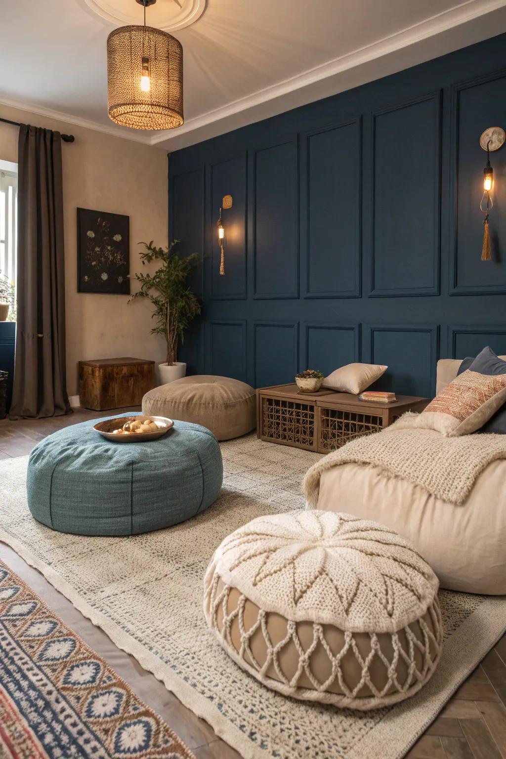 Cozy up with floor seating that invites relaxation and conversation.