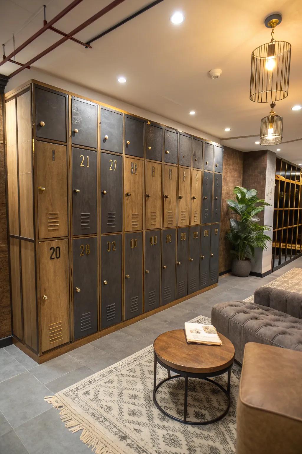 Achieve a stylish industrial look by blending metal and wooden lockers together.
