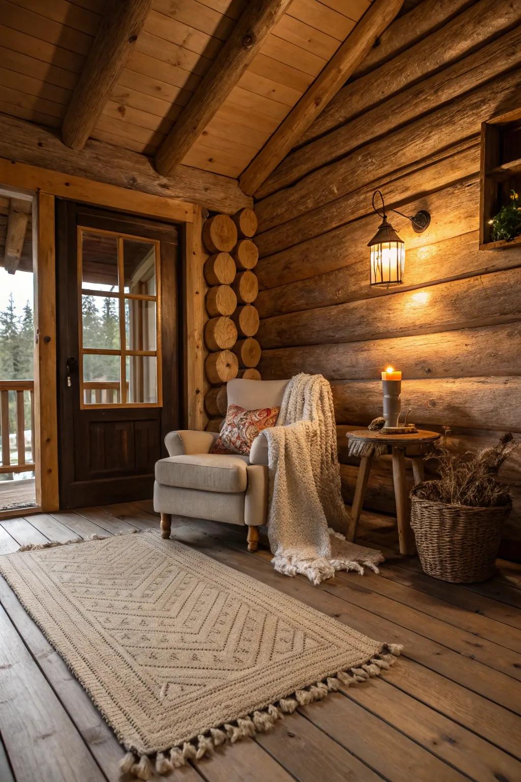 Rich wooden floors create a seamless connection with the natural world outside your log cabin.