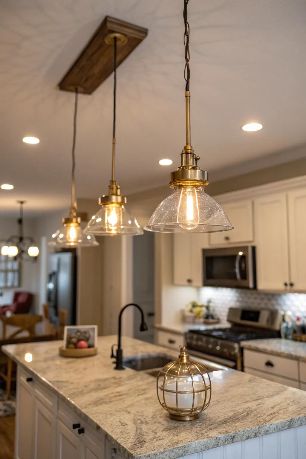 Pendant lights add a touch of elegance to low-ceiling kitchens, enhancing both style and function.
