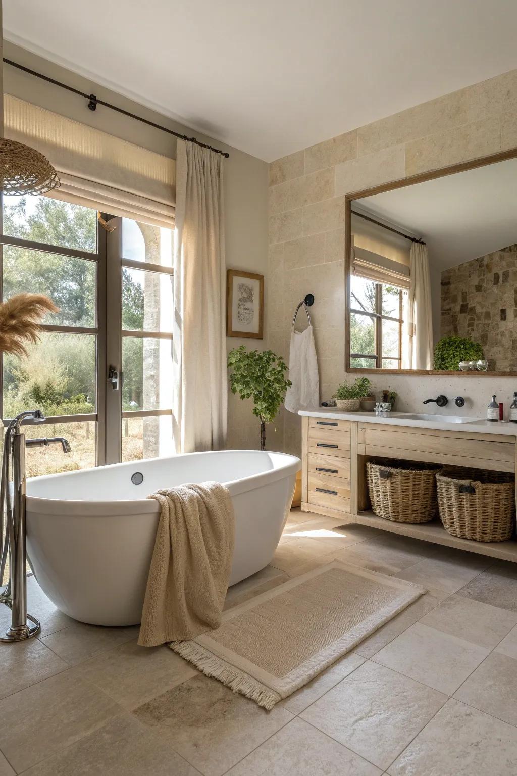 A neutral color palette in the bathroom evokes tranquility and openness.