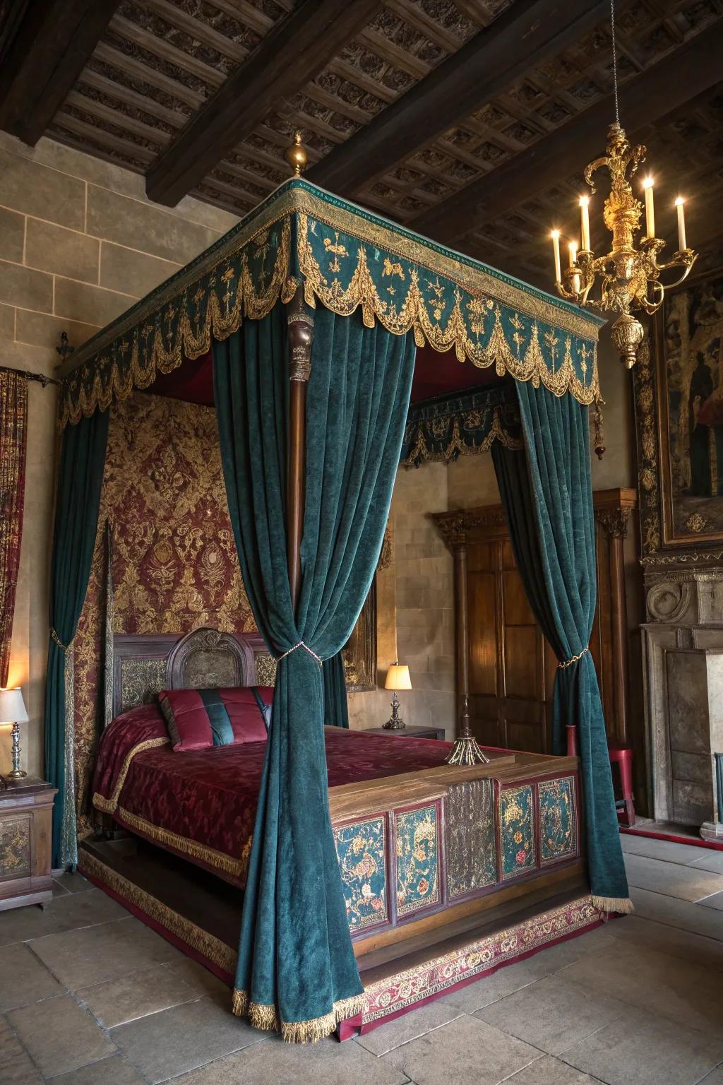 Experience the luxury of medieval times with a canopy bed that exudes elegance and grandeur.