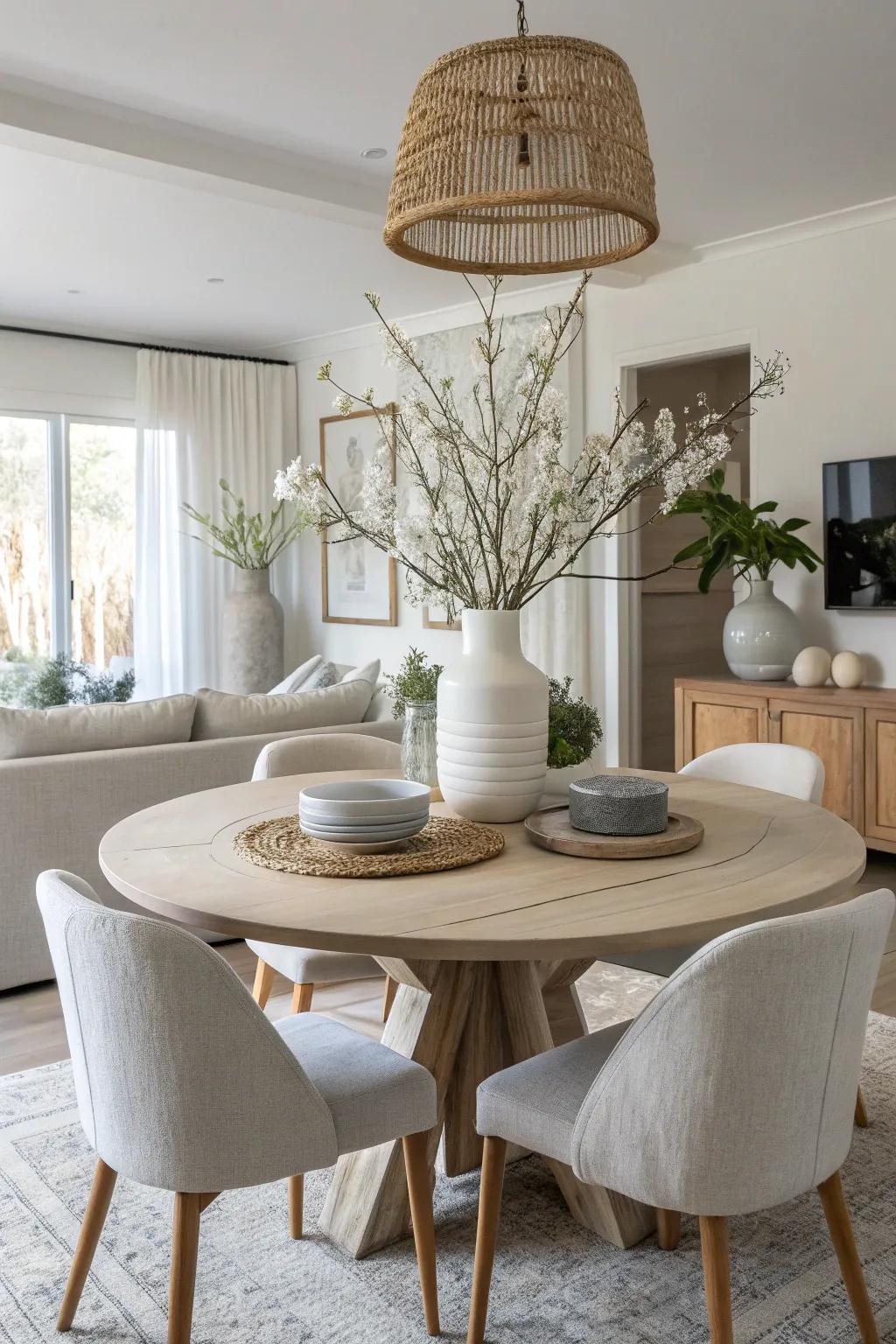 Neutral tones create a peaceful dining environment, perfect for relaxation and conversation.