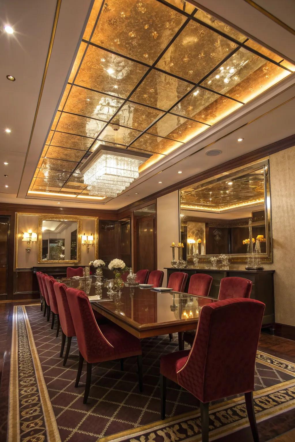 Elevate your dining room with a mirrored ceiling that enhances every meal's ambiance.