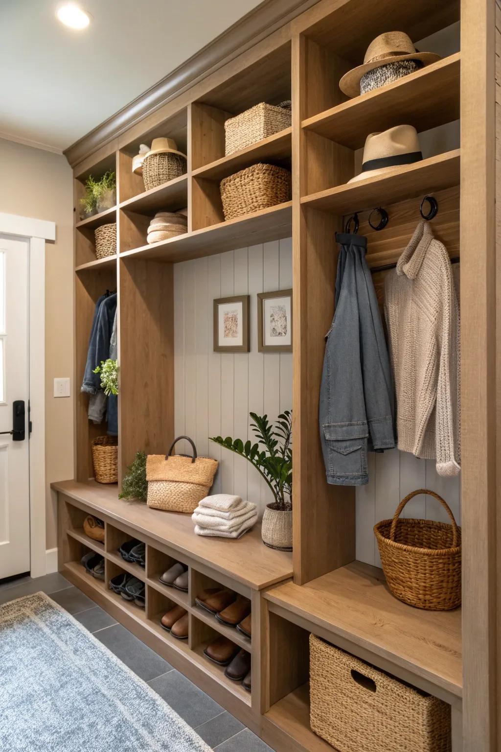 Built-in shelving offers both style and practicality for your mudroom organization.