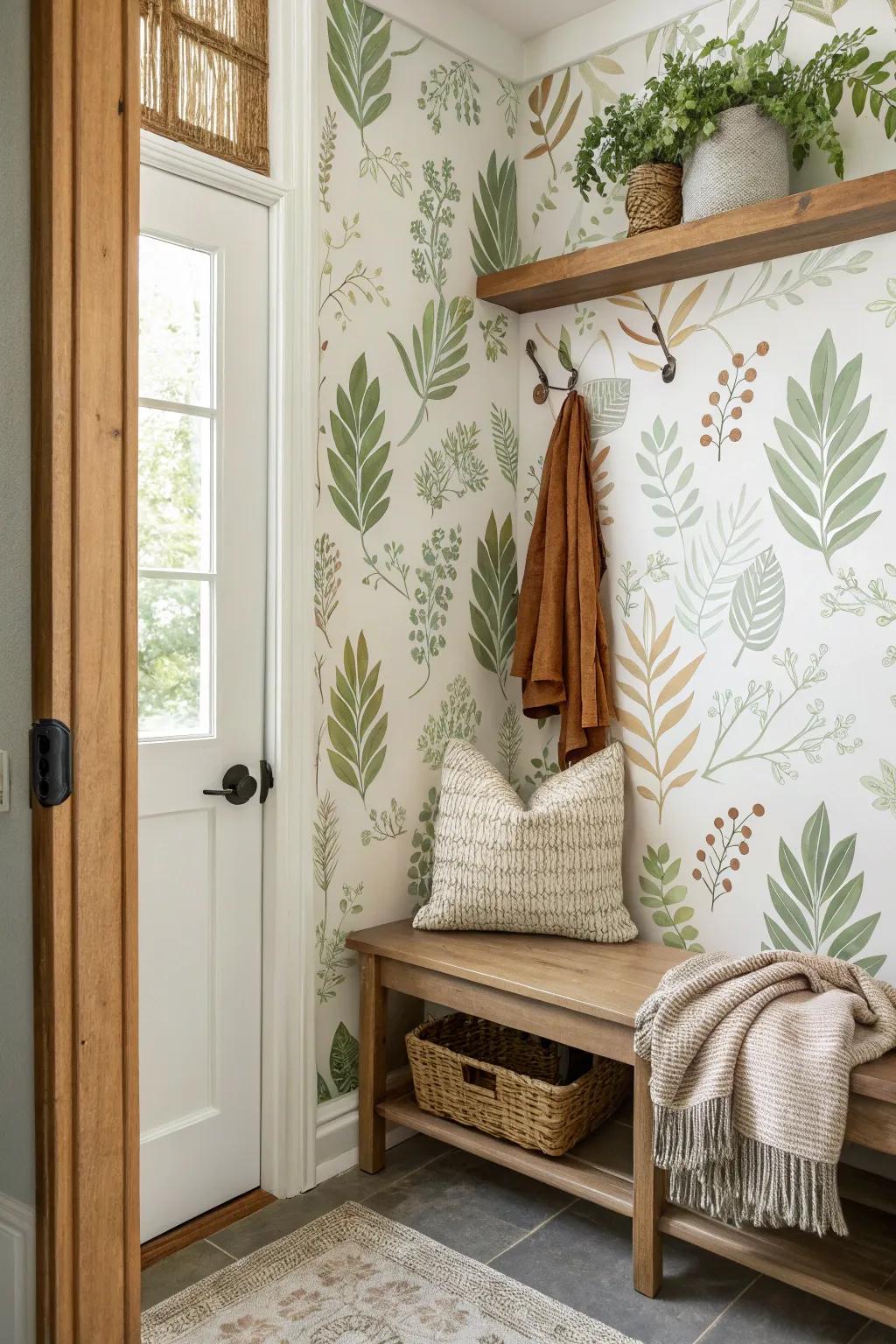 Embrace the beauty of nature indoors with leaf-patterned wallpaper that adds a calming touch.