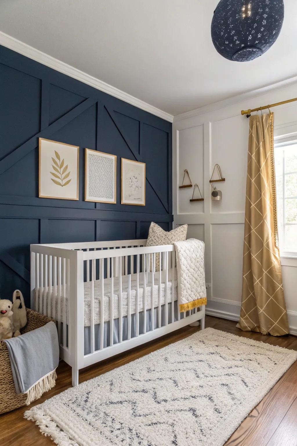 A navy accent wall creates a striking focal point that elevates the nursery's style.