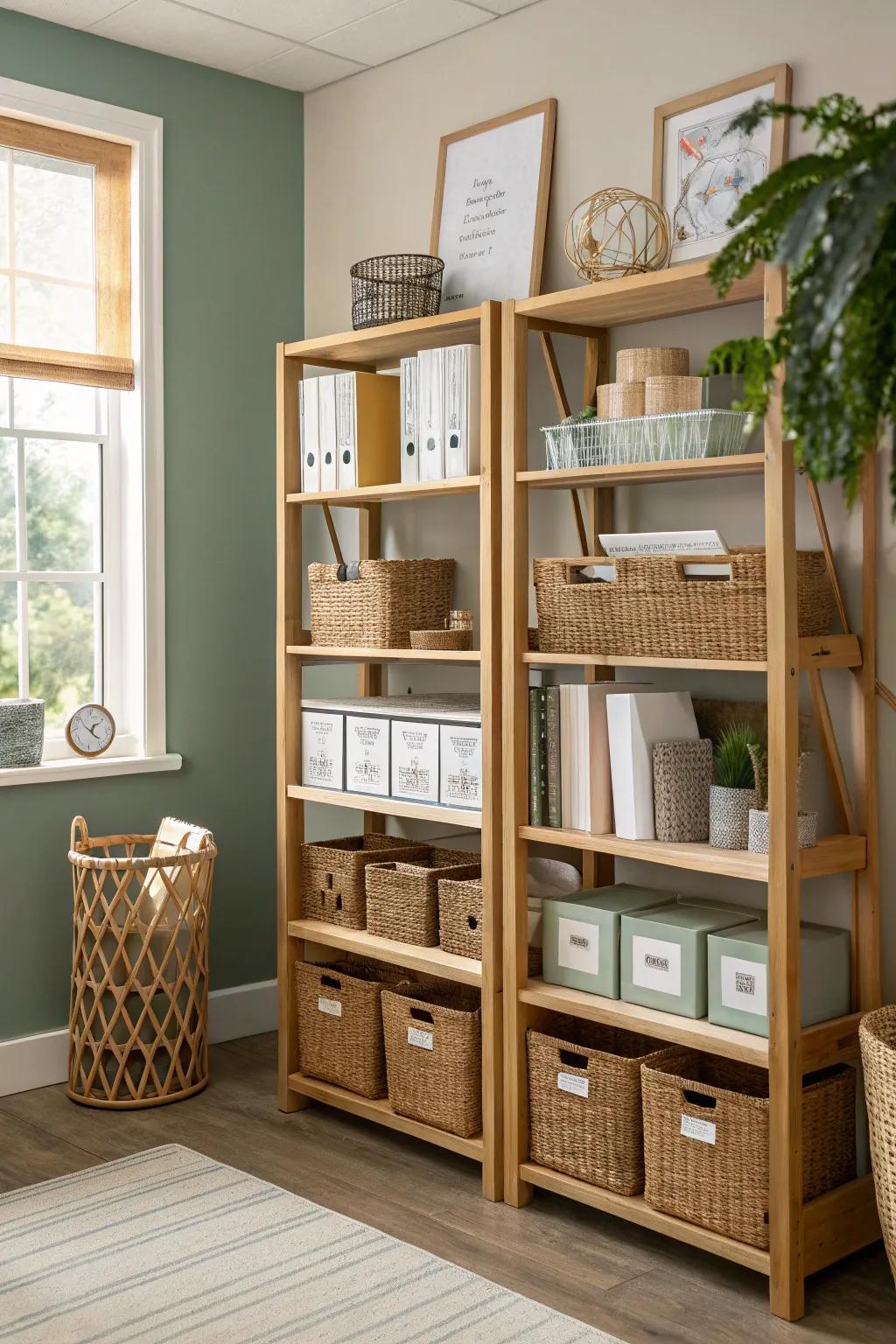 Make the most of vertical space with stylish shelving and organized bins.