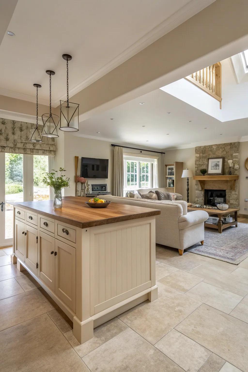 Achieve a seamless transition with matching colors and materials for an expansive feel.