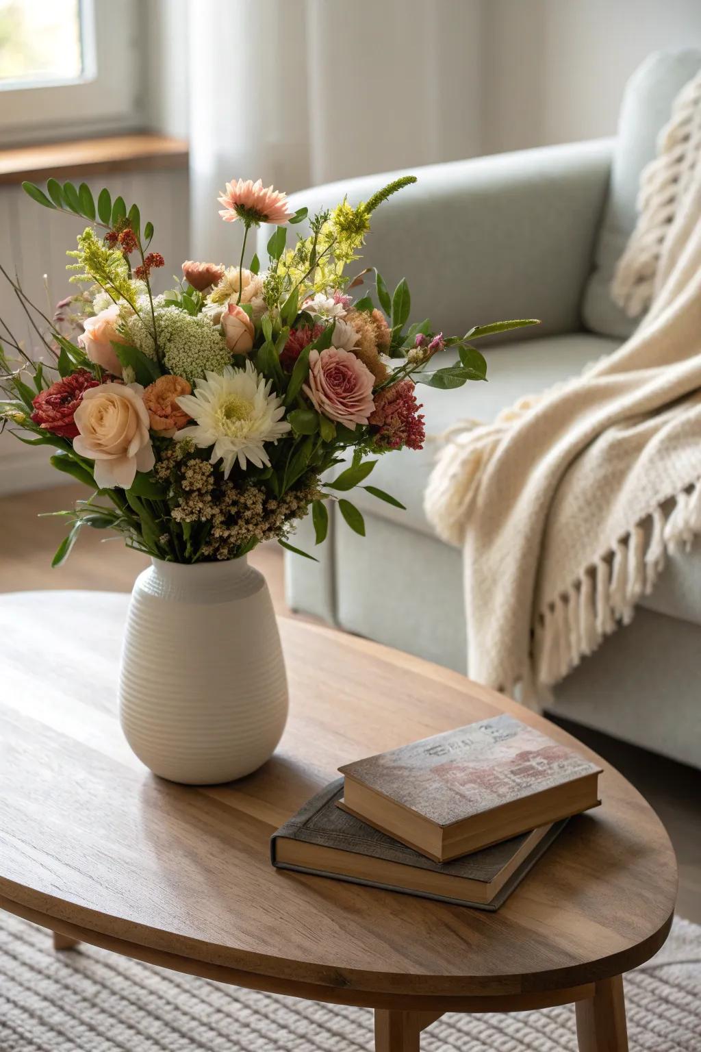 Add a burst of color with seasonal flowers on your oval coffee table for a lively, inviting atmosphere.