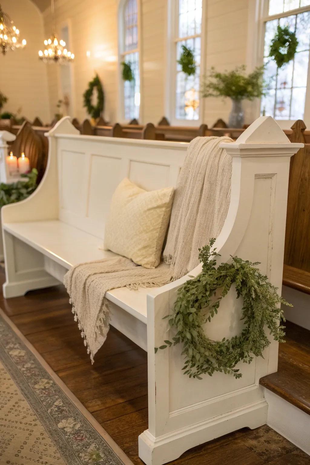 A classic white church pew brightens up any space with its timeless appeal.
