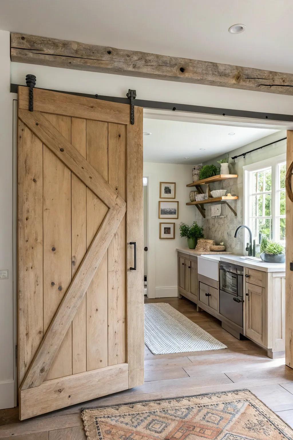 Bring warmth and character to your kitchen with a classic wooden barn door. #RusticCharm #FarmhouseStyle
