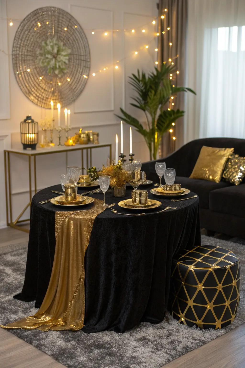 Create a touch of glamour with sophisticated black and gold decor.