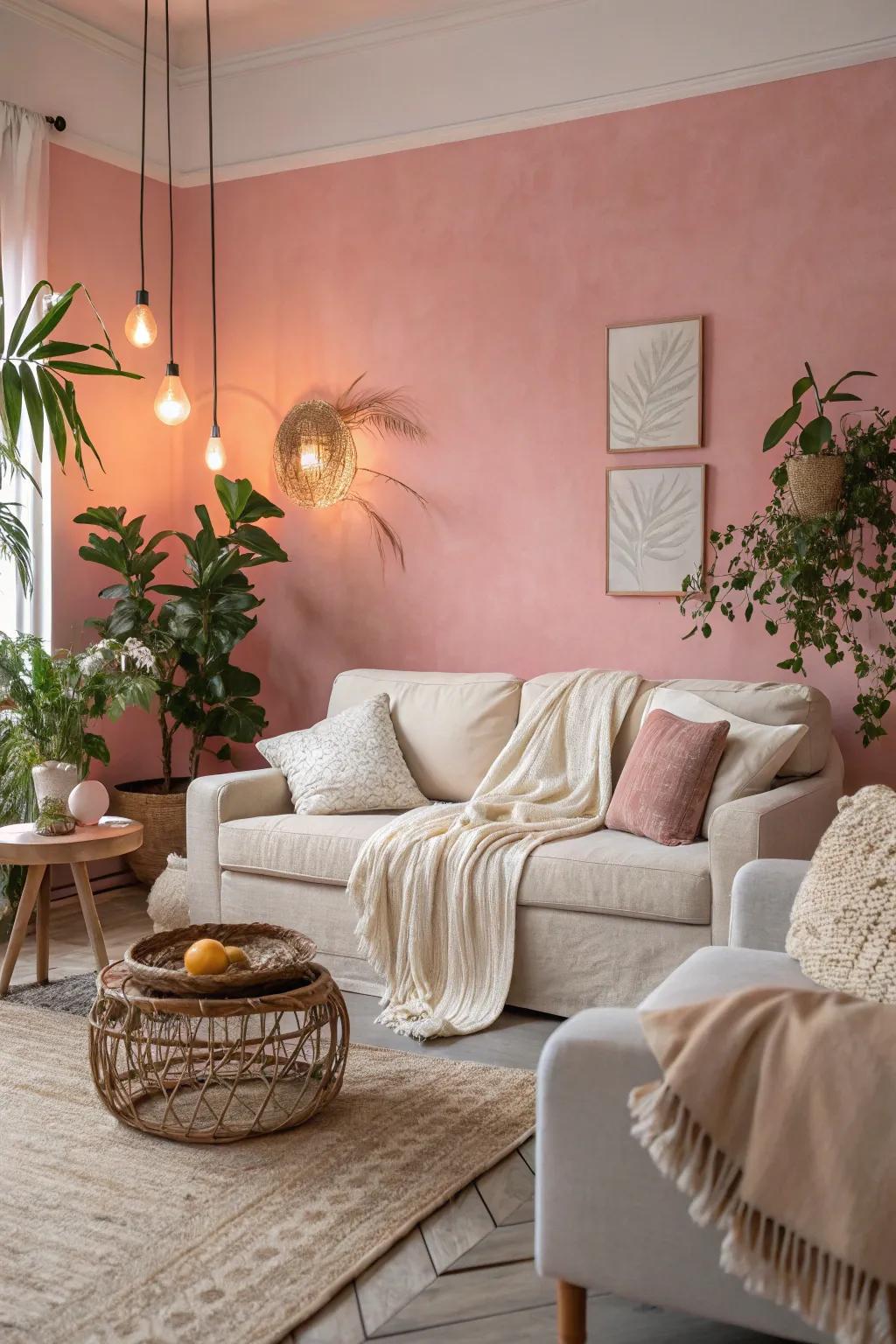 Create a calming sanctuary with a soft pink accent wall that harmonizes with your decor.