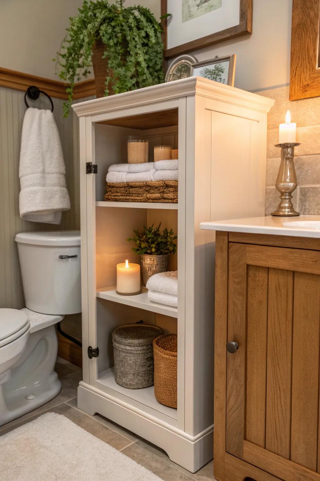 Turn your walls into secret storage spaces for a polished bathroom look.