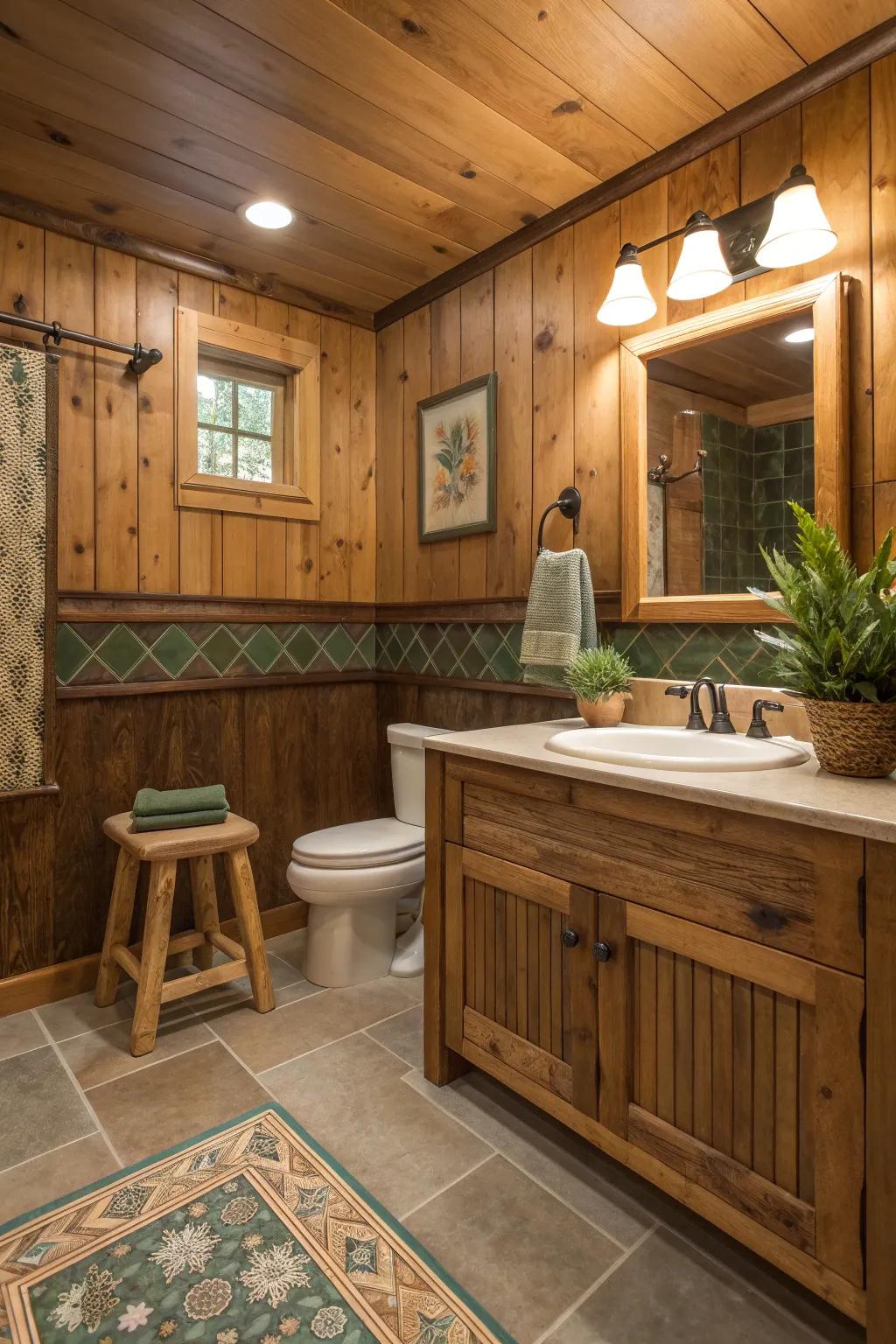 Wood paneling creates a cozy, inviting atmosphere in any bathroom. #WoodDesign #BathroomInspiration 🌲