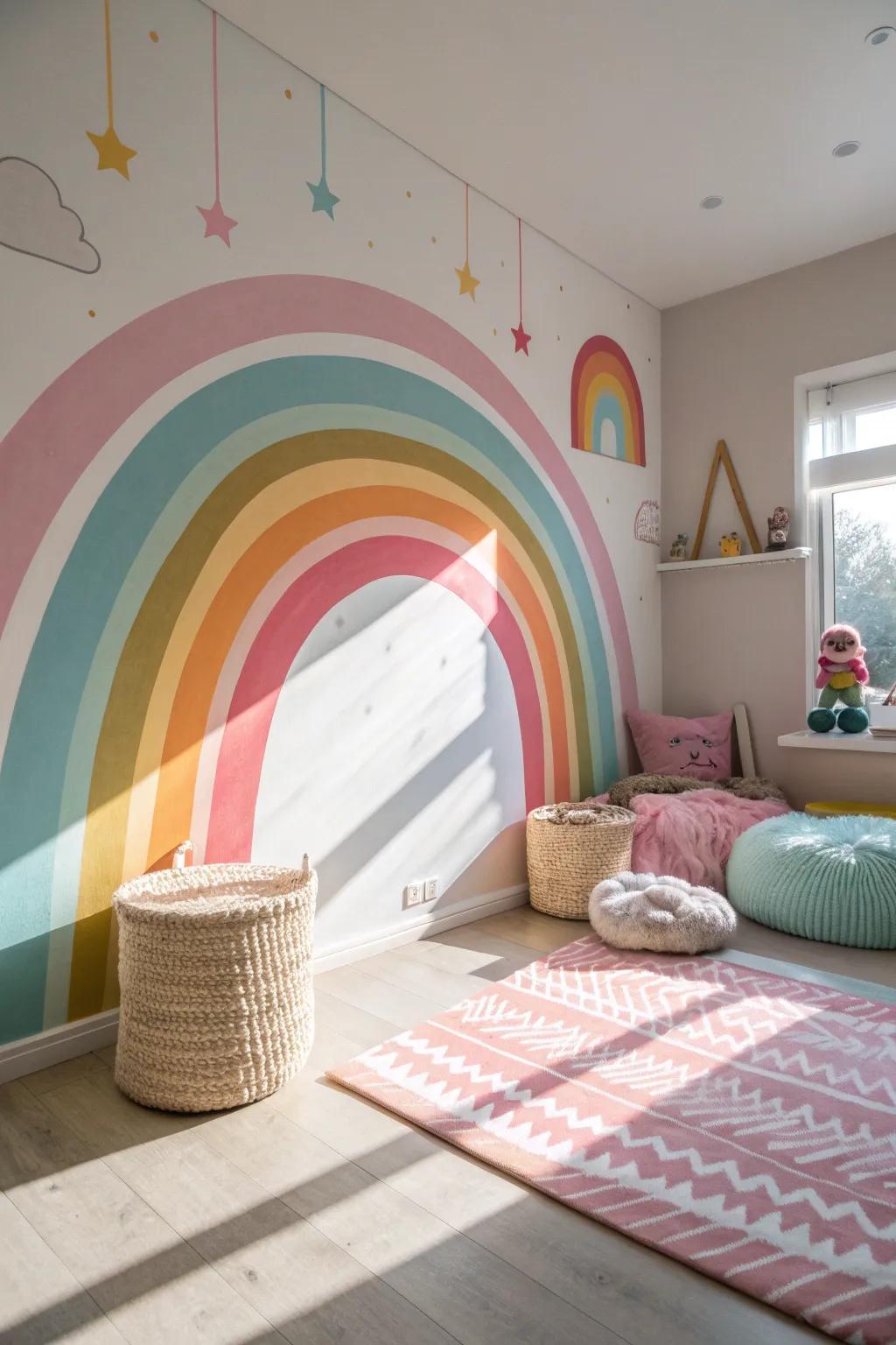 A striking rainbow mural sets the stage for a vibrant and joyful atmosphere in your little one's room.