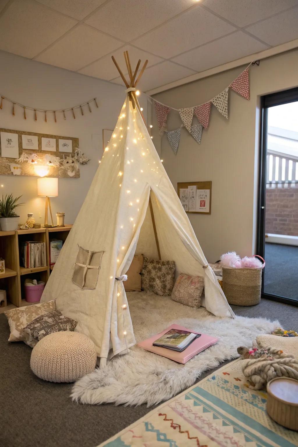 Create an adventurous reading nook with a colorful teepee. #ClassroomDesign #ReadingNook