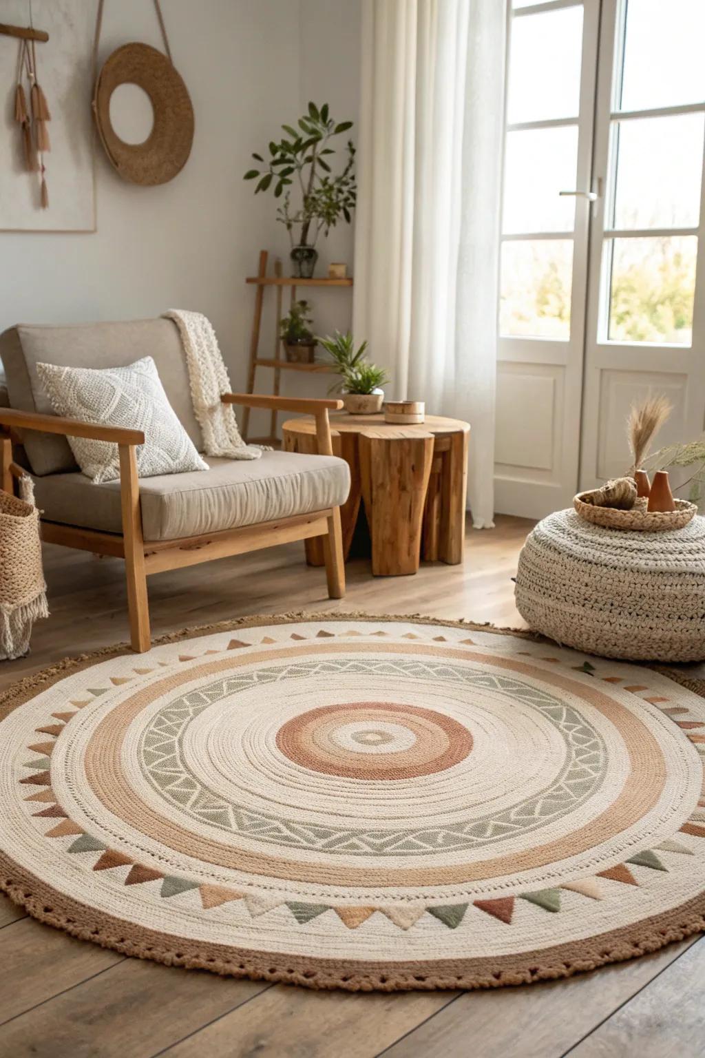 A central round rug brings unity and focus to your living space. #LivingRoomGoals #InteriorDesign
