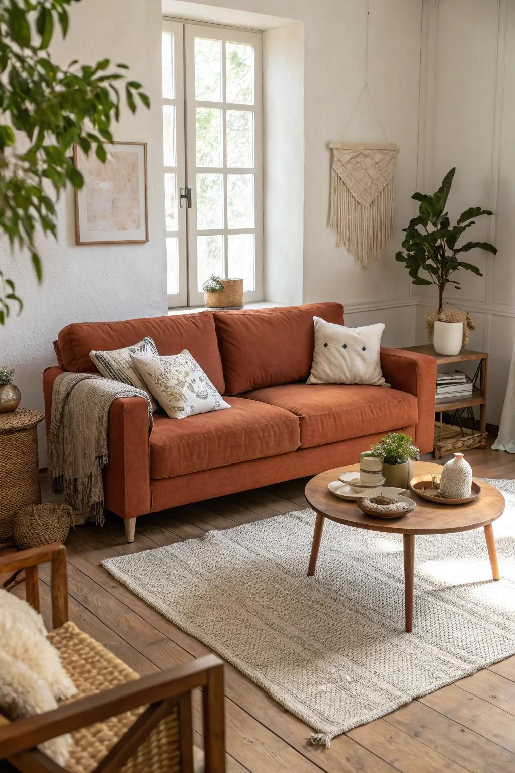A rust-colored sofa brings warmth and character to any living room setting.