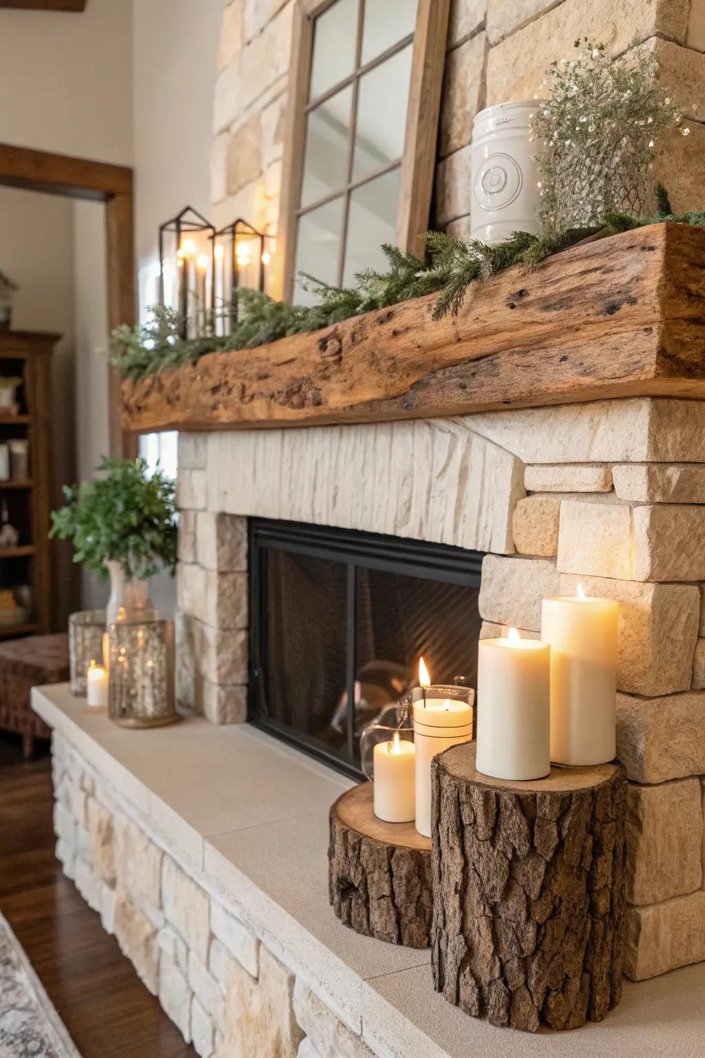 Bring the outdoors in with a natural wood mantel that tells its own story.