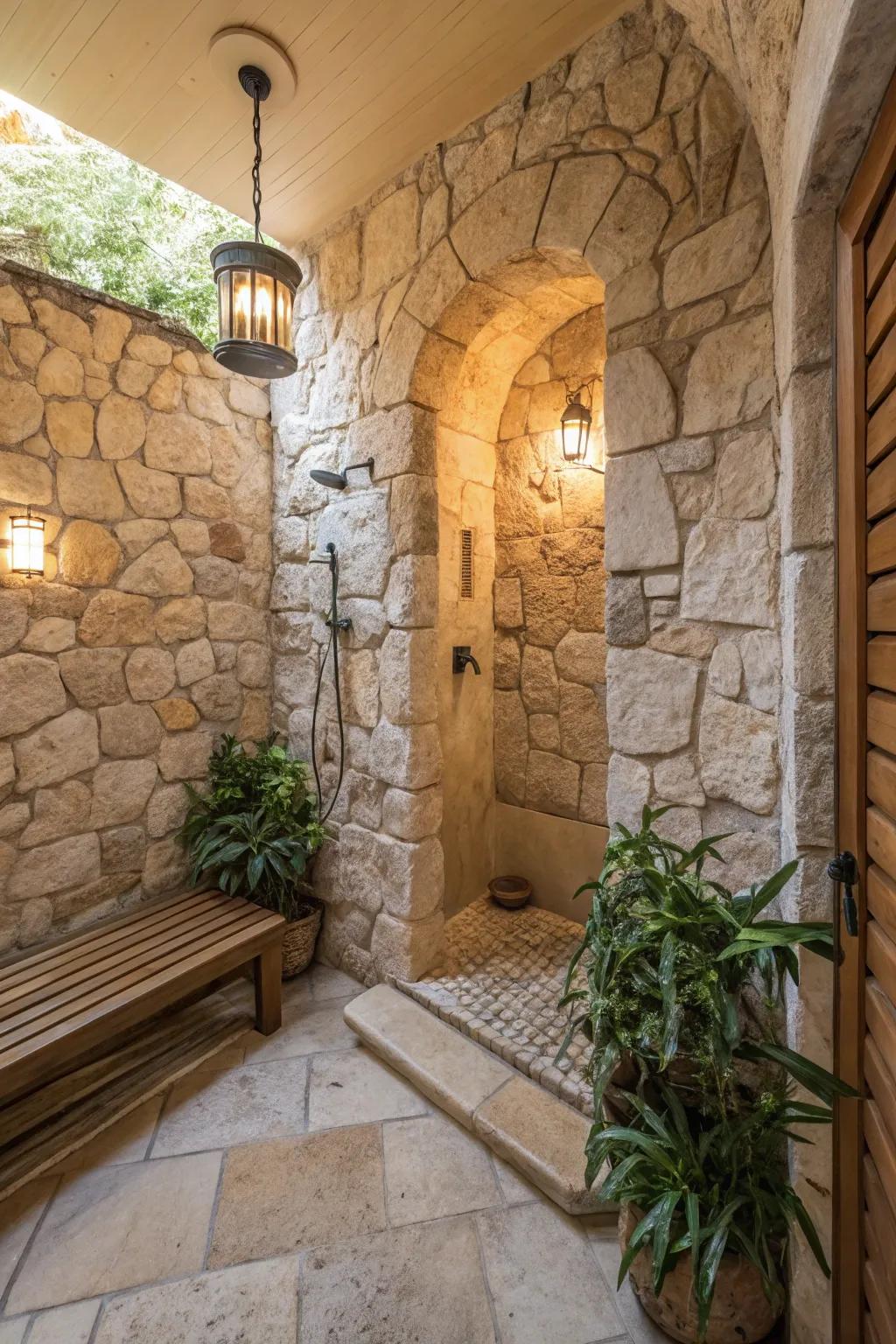 Natural stone walls bring an earthy elegance to your shower space, creating a timeless retreat.