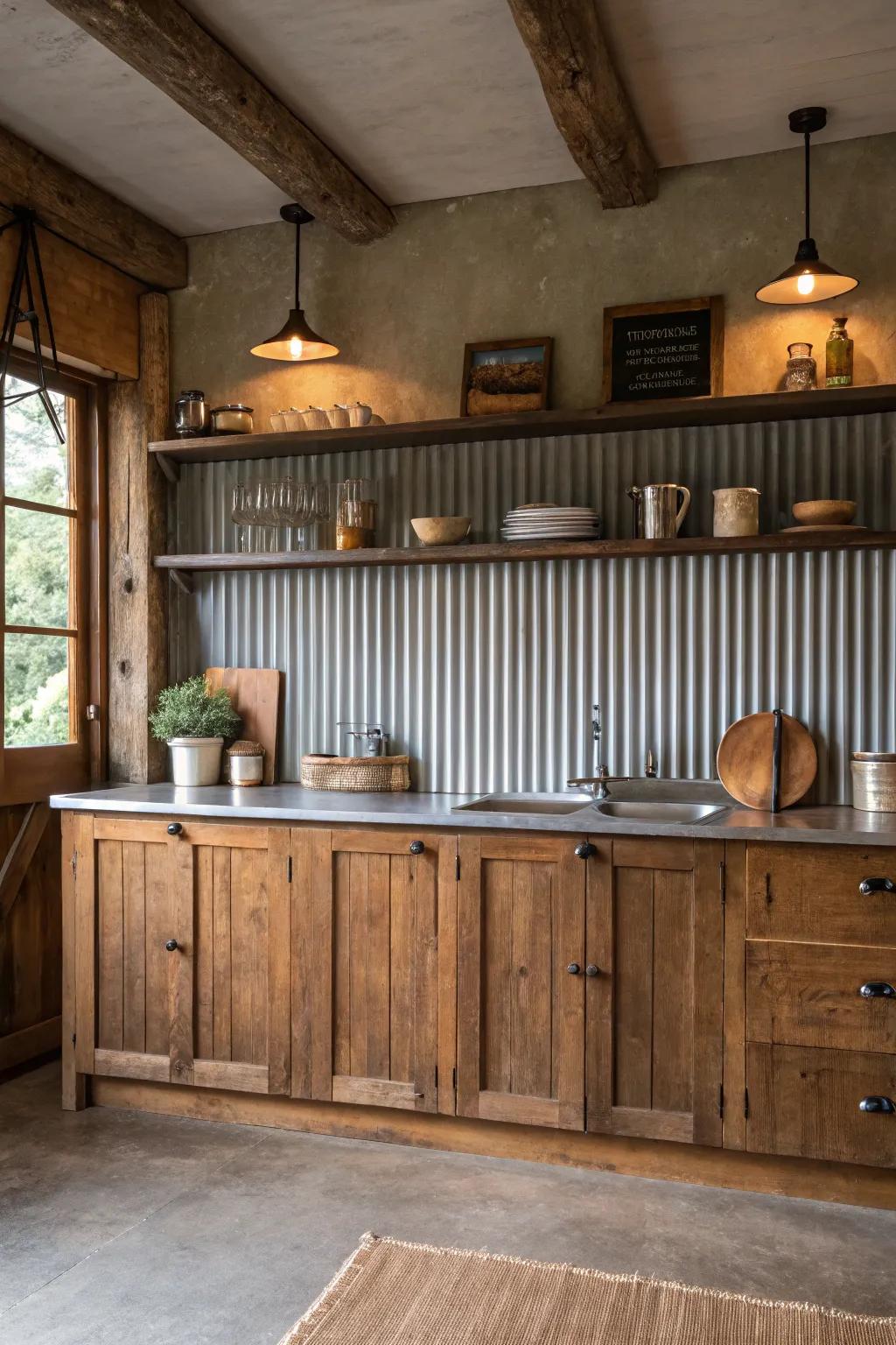 Bring an industrial edge to your kitchen with a <strong>corrugated metal backsplash</strong>, beautifully complemented by warm wooden tones.” loading=”lazy” class=”pimg”>
	</picture><figcaption>Bring an industrial edge to your kitchen with a <strong>corrugated metal backsplash</strong>, beautifully complemented by warm wooden tones.</figcaption></figure>
<p>Corrugated metal sheets can be a fantastic way to bring industrial flair into your kitchen, while still maintaining a rustic vibe. I recommend pairing them with wood accents to create a balanced, welcoming space.</p>
<h3>Items that may come in handy:</h3>
<ul class=