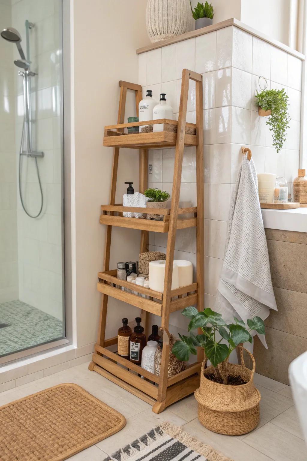 Maximize your shower space with corner tiered shelving for a clutter-free experience.
