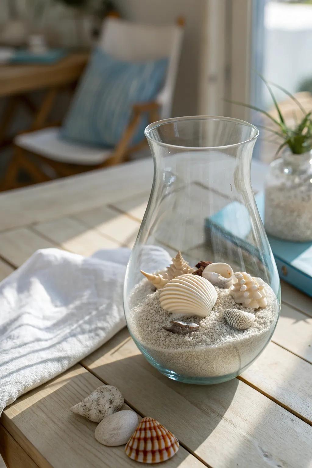 Capture the essence of the beach with a vase filled with sand and seashells, perfect for any table setting.