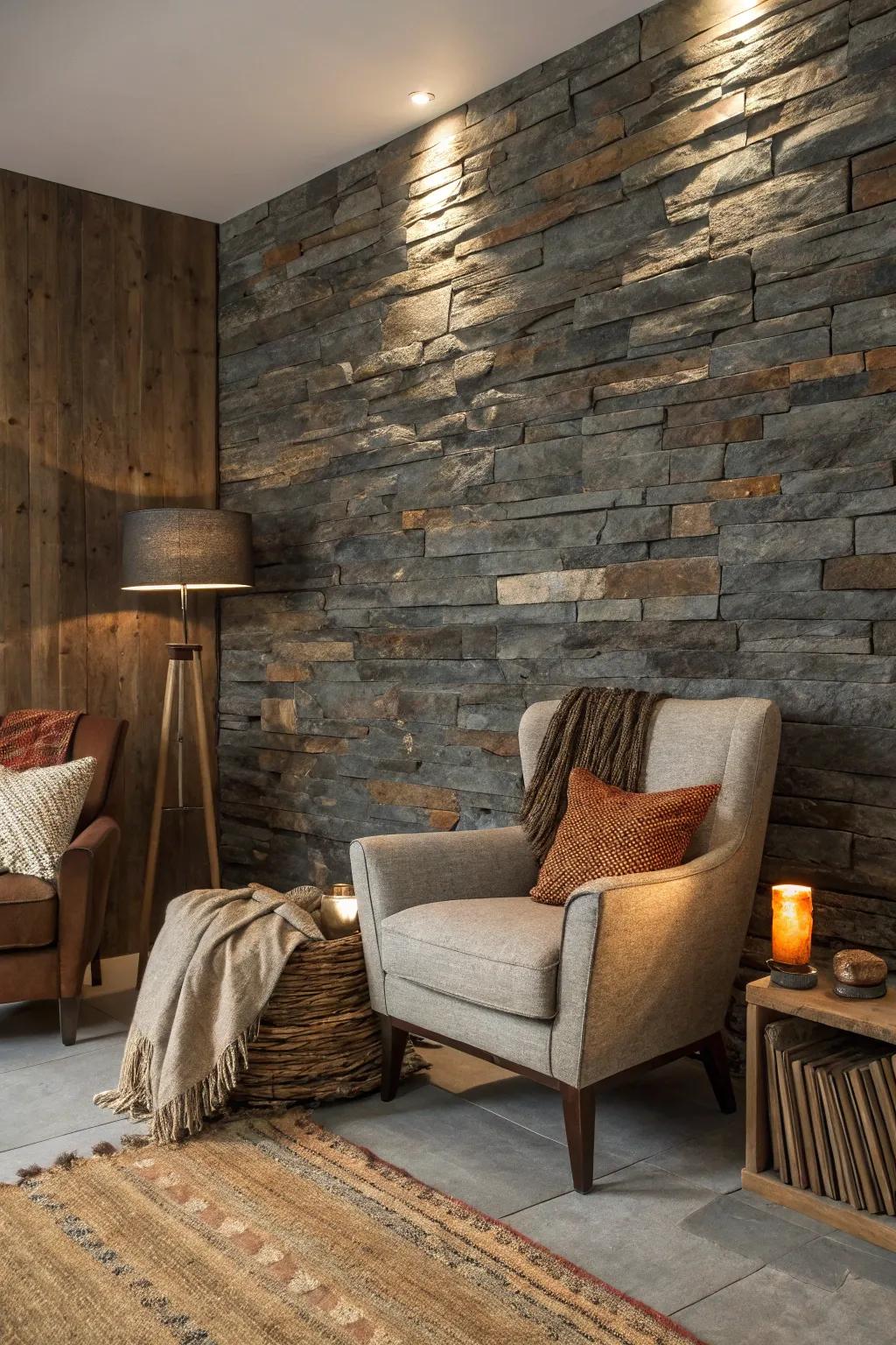 Dive into the natural beauty of a textured slate wall that captivates with its earthy charm.