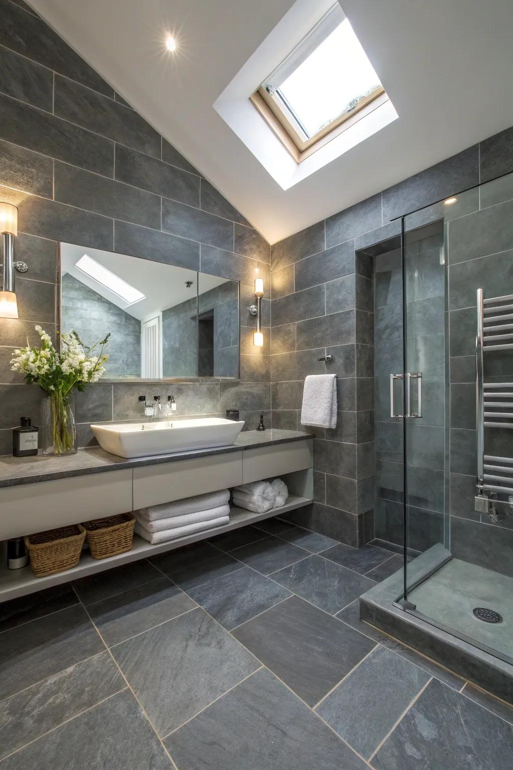 Achieve a seamless, spacious feel with large slate tiles that add modern sophistication to any bathroom.