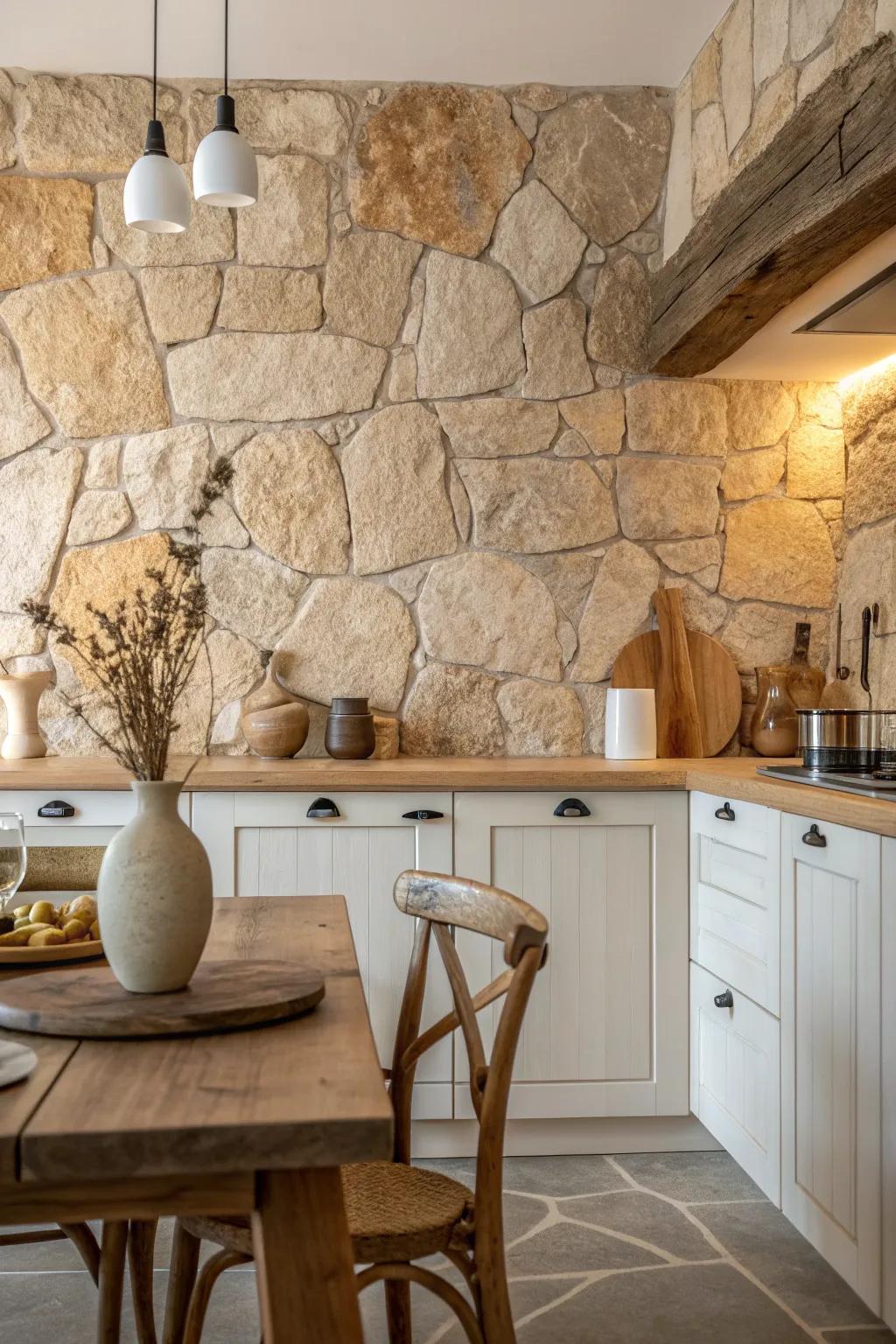 Bring nature indoors with a rustic stone backsplash, perfect for adding warmth and character to any kitchen.