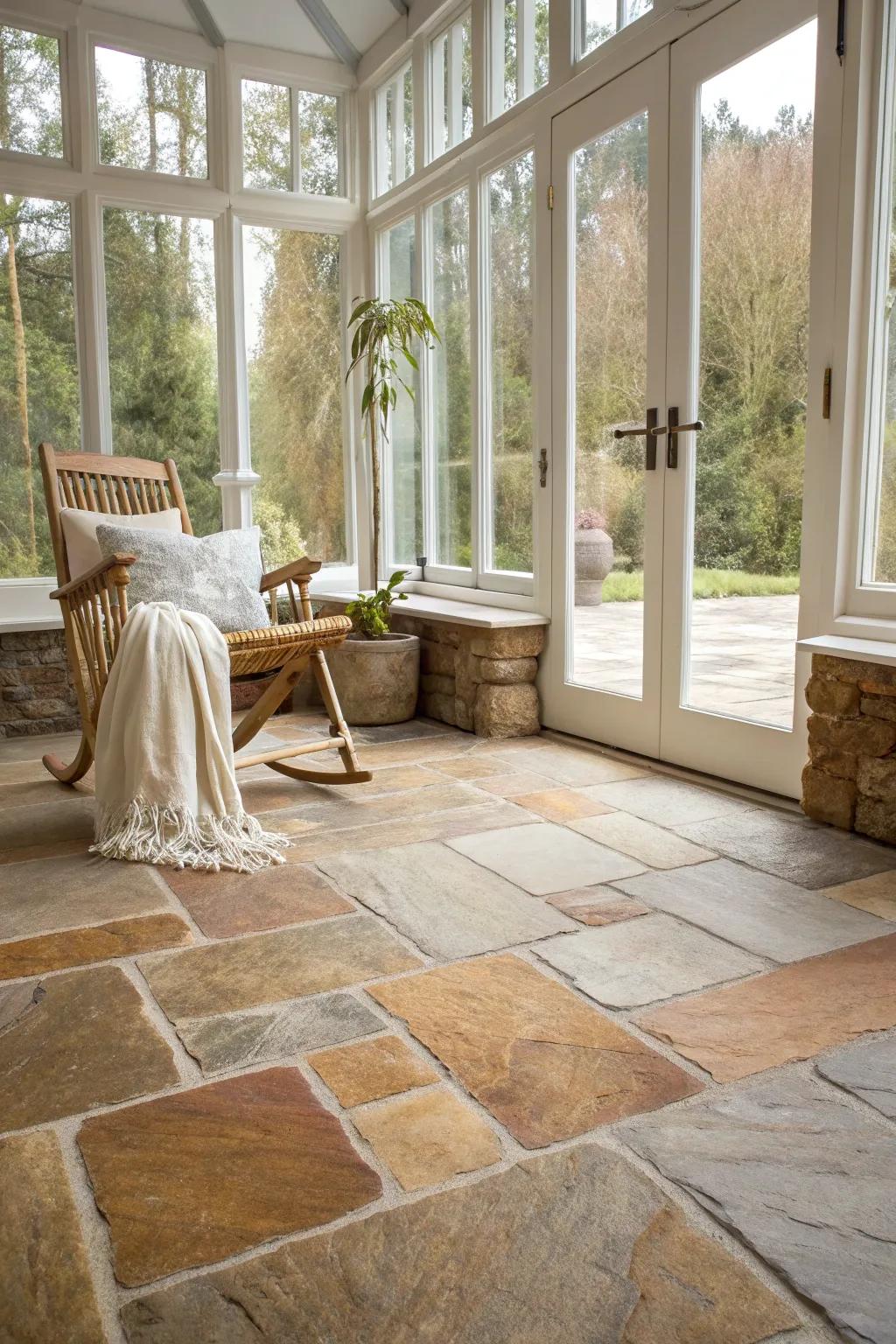 Bring the outdoors in with natural stone tiles, creating a rustic escape in your sunroom.