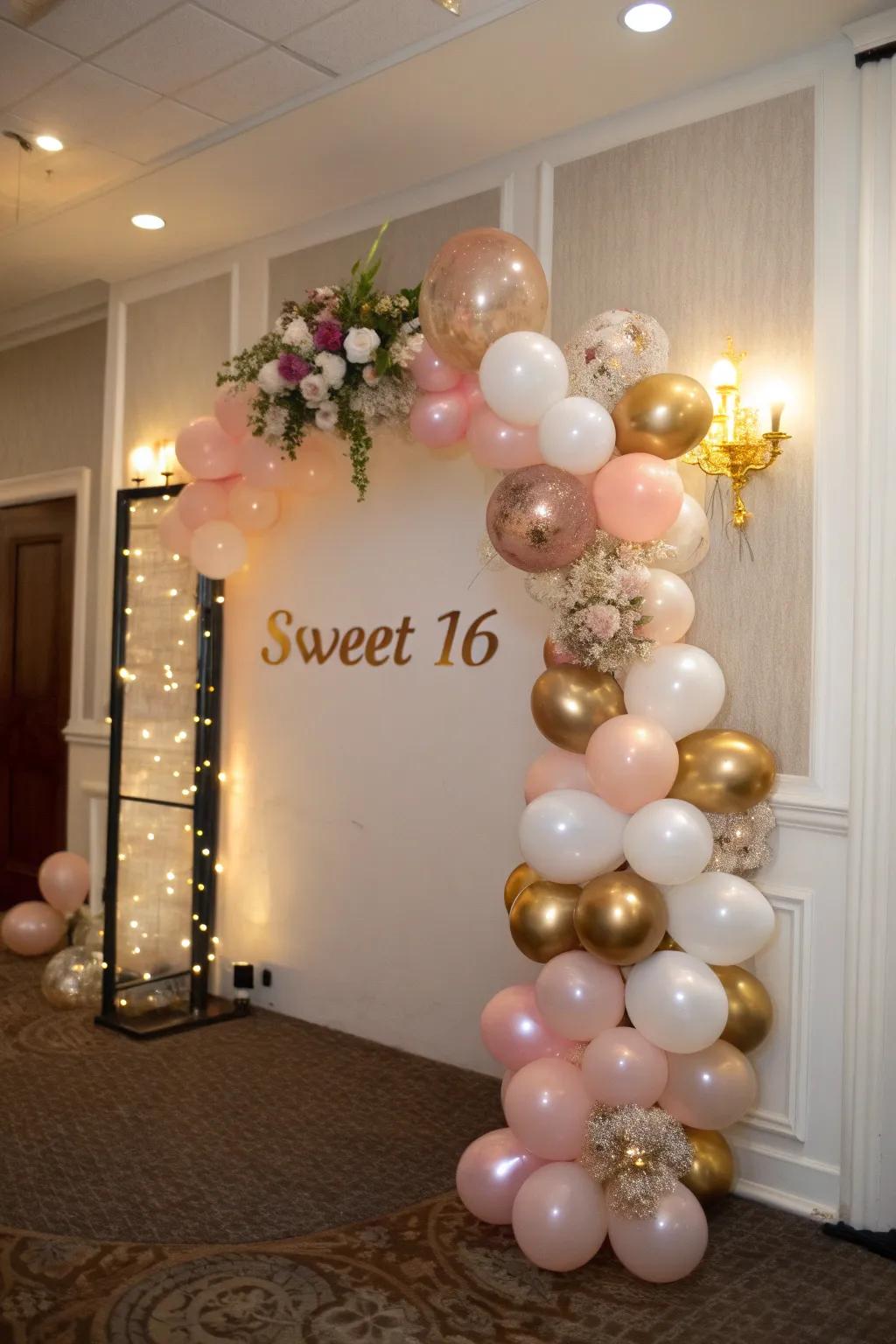 A balloon arch adds a whimsical touch to any sweet 16 celebration.