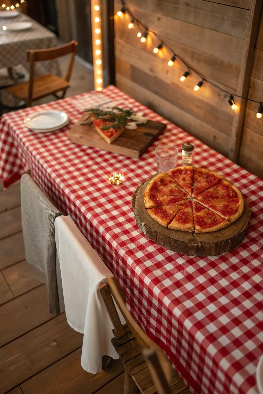 Classic checkered tablecloths bring the nostalgic charm of a cozy pizzeria to your home setting.