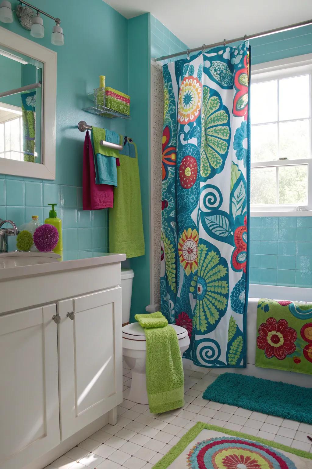 Energize your bathroom with bold blues and greens—perfect for a vibrant start to the day!
