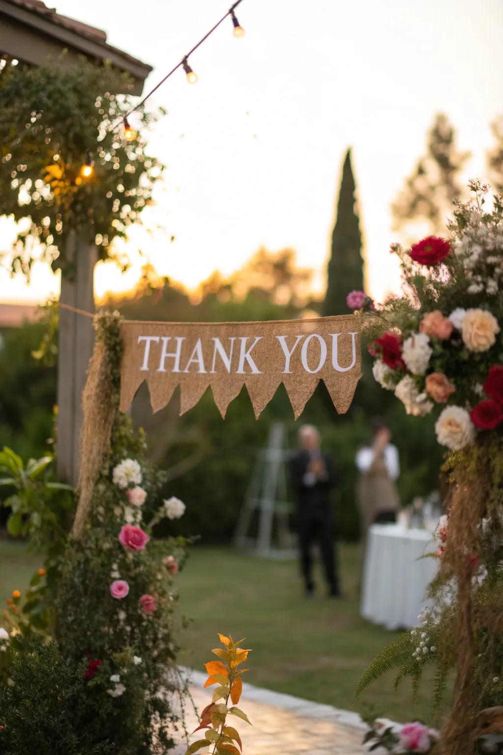 Bring your garden to life with a floral 'Thank You' banner that adds a touch of nature and elegance. 🌿 #GardenParty #OutdoorDecor