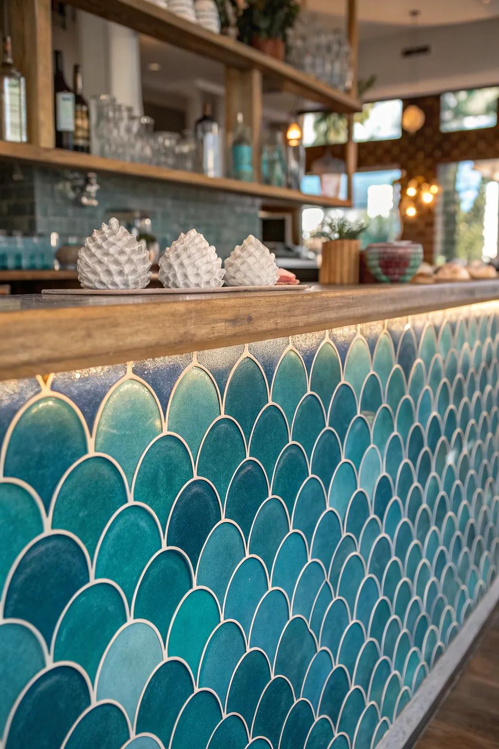 Dive into elegance with ocean-inspired fish scale tiles that bring tranquility to your home bar.
