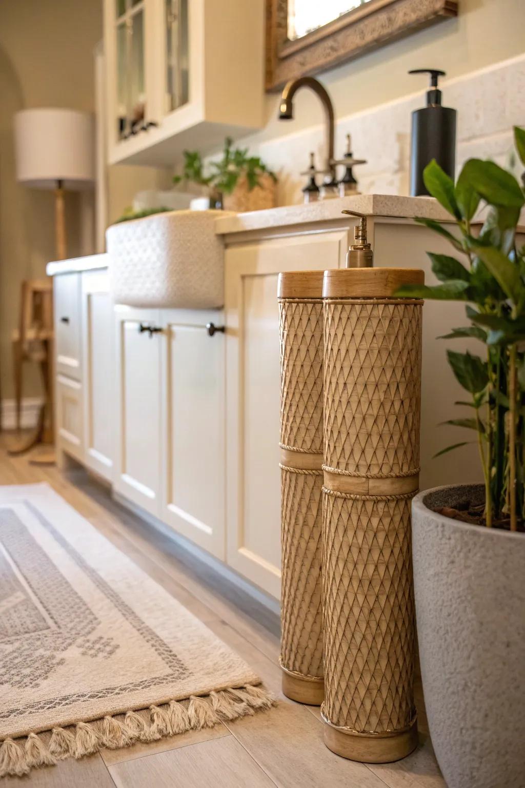 Elevate your kitchen style with bamboo-textured pipe sleeves for a natural, elegant touch.