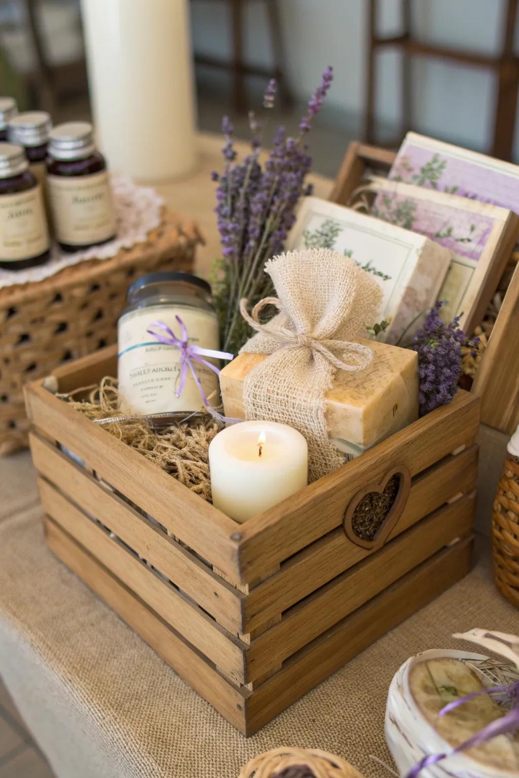 Craft a rustic charm basket that brings warmth and elegance to any bridal shower.
